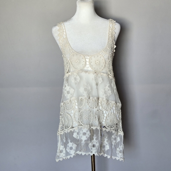 Miss Kelly 1999 Boho Cream Crochet Lace Sleeveless Tunic Swim Cover Up Top - Picture 6 of 7